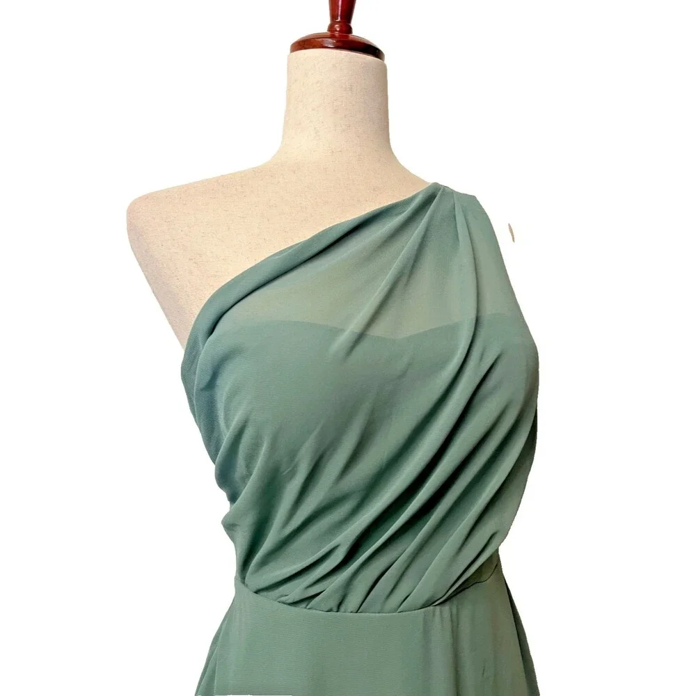 BIRDY GREY Womens S Dress Gown One Shoulder Chiffon Sea Glass Green Goddess Maxi